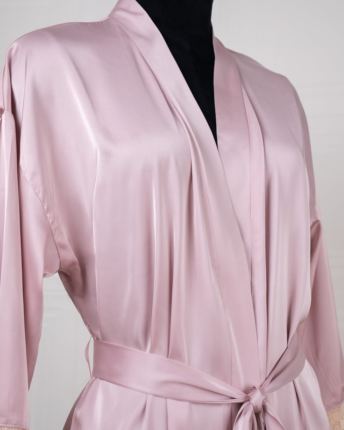 Silk Pink Robe with Lace-trimmed Cuffs - Fever Lingeries