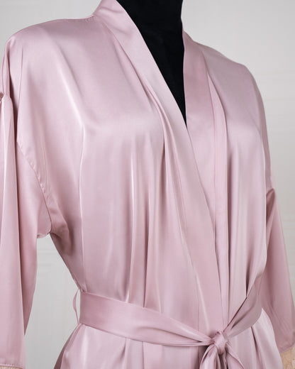 Silk Pink Robe with Lace-trimmed Cuffs - Fever Lingeries