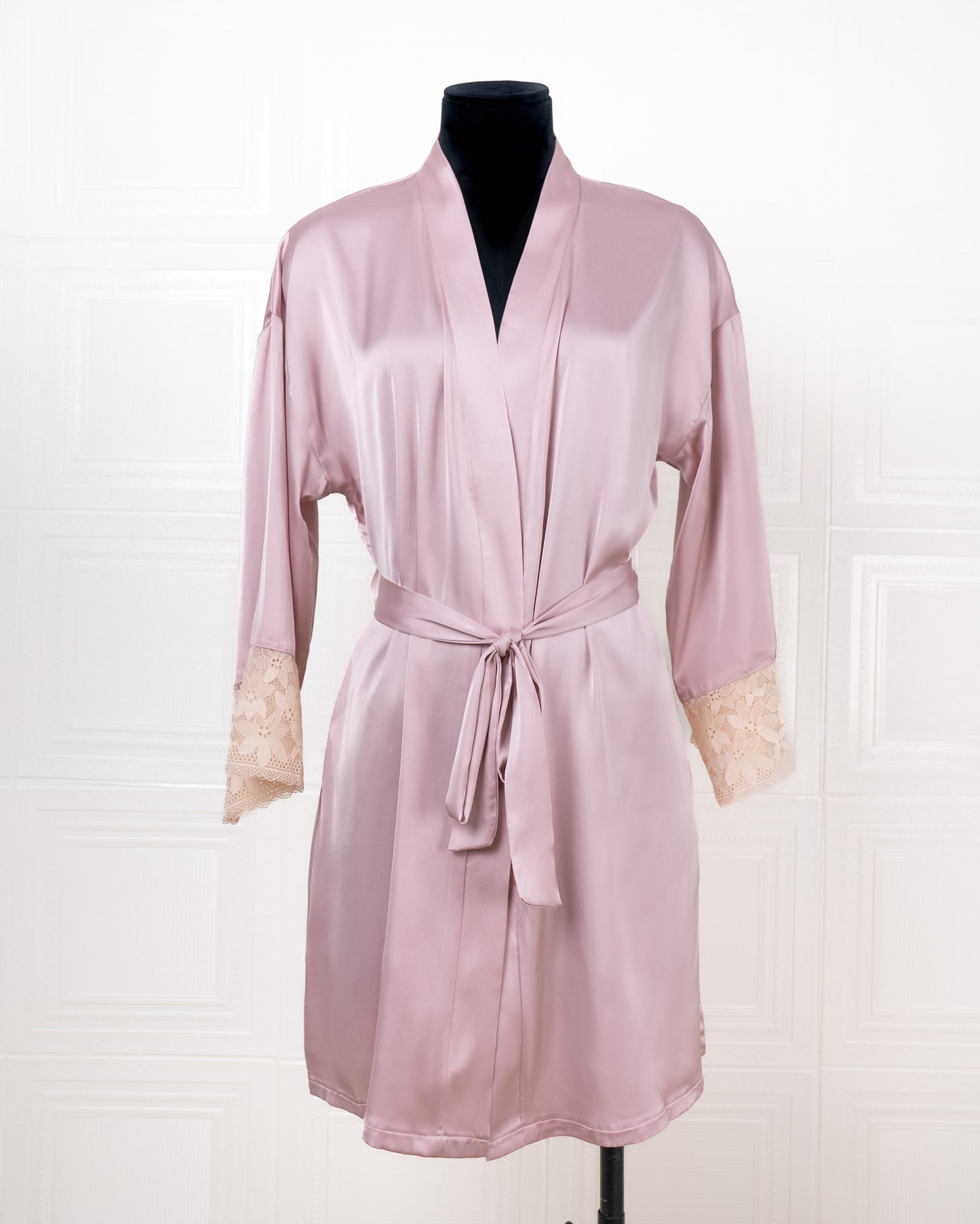 Silk Pink Robe with Lace-trimmed Cuffs - Fever Lingeries