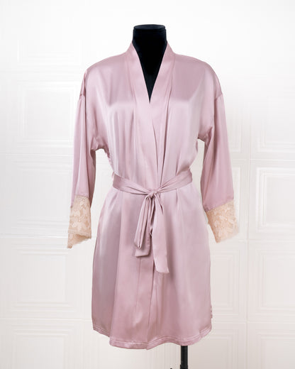 Silk Pink Robe with Lace-trimmed Cuffs - Fever Lingeries