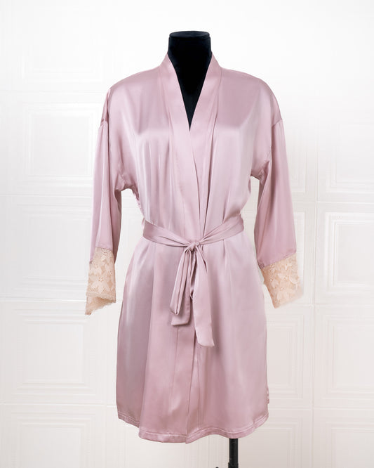 Silk Pink Robe with Lace-trimmed Cuffs - Fever Lingeries