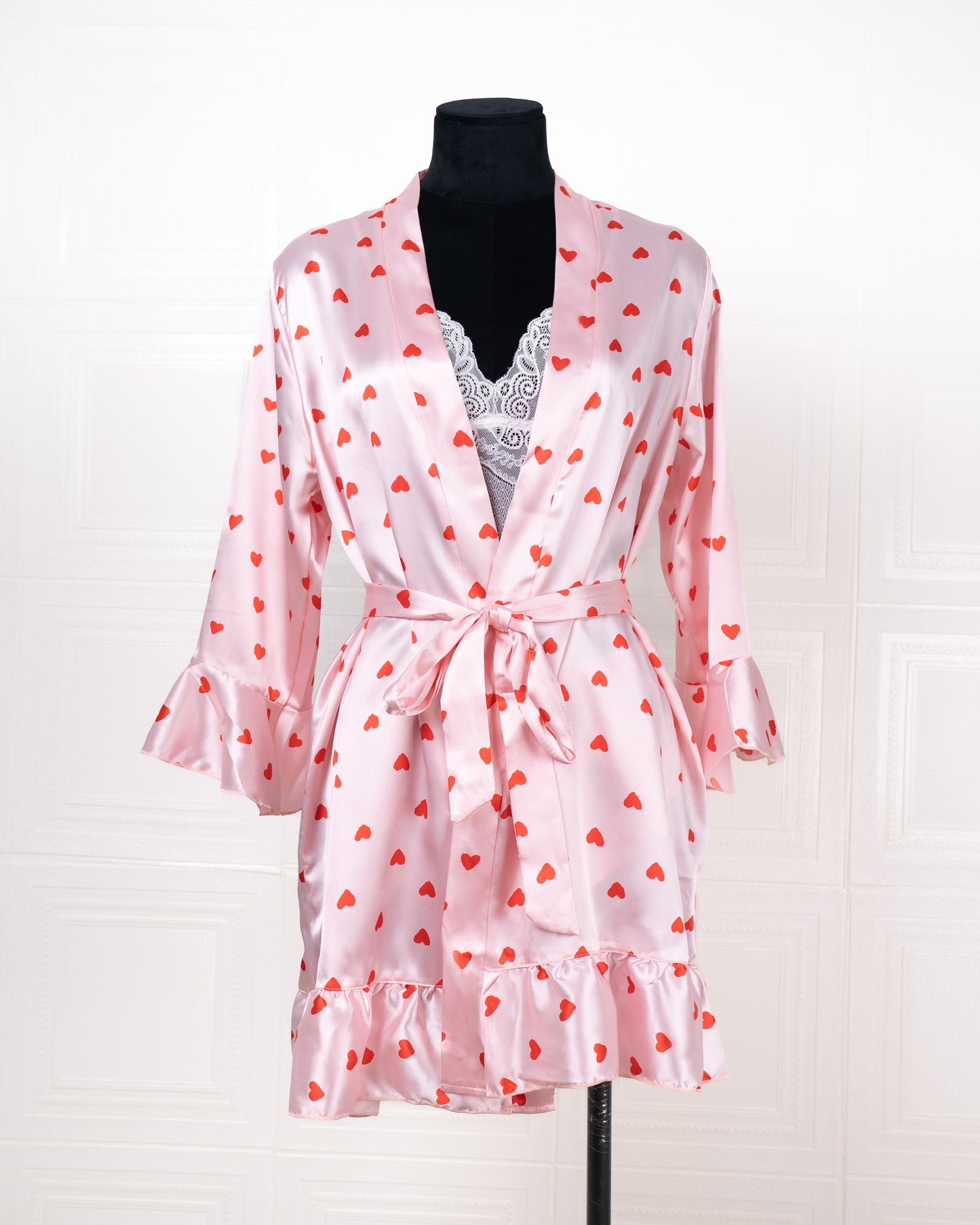 Three-piece Pink Heart-patterned Silk Bathrobe Set - Fever Lingeries