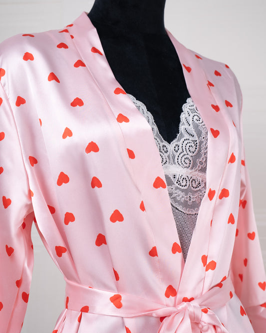 Three-piece Pink Heart-patterned Silk Bathrobe Set - Fever Lingeries
