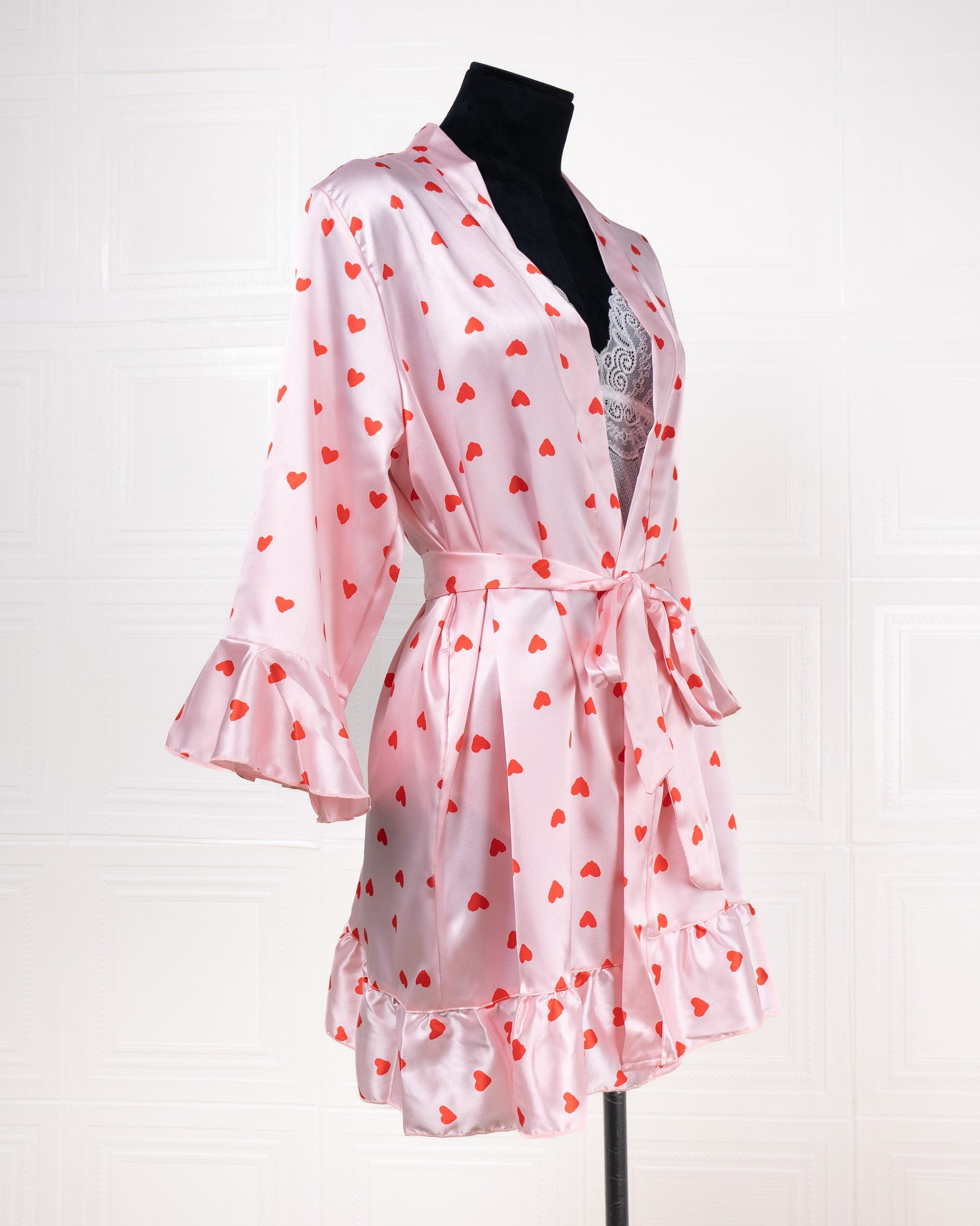 Three-piece Pink Heart-patterned Silk Bathrobe Set - Fever Lingeries