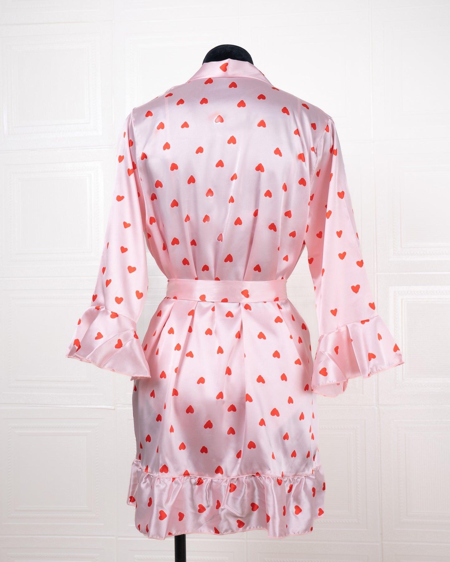 Three-piece Pink Heart-patterned Silk Bathrobe Set - Fever Lingeries