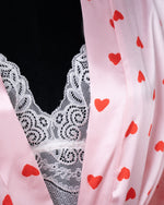 Three-piece Pink Heart-patterned Silk Bathrobe Set - Fever Lingeries