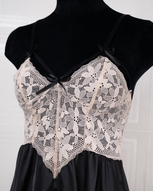 Lace-panelled Silk Camisole Nightdress Black - Fever Lingeries