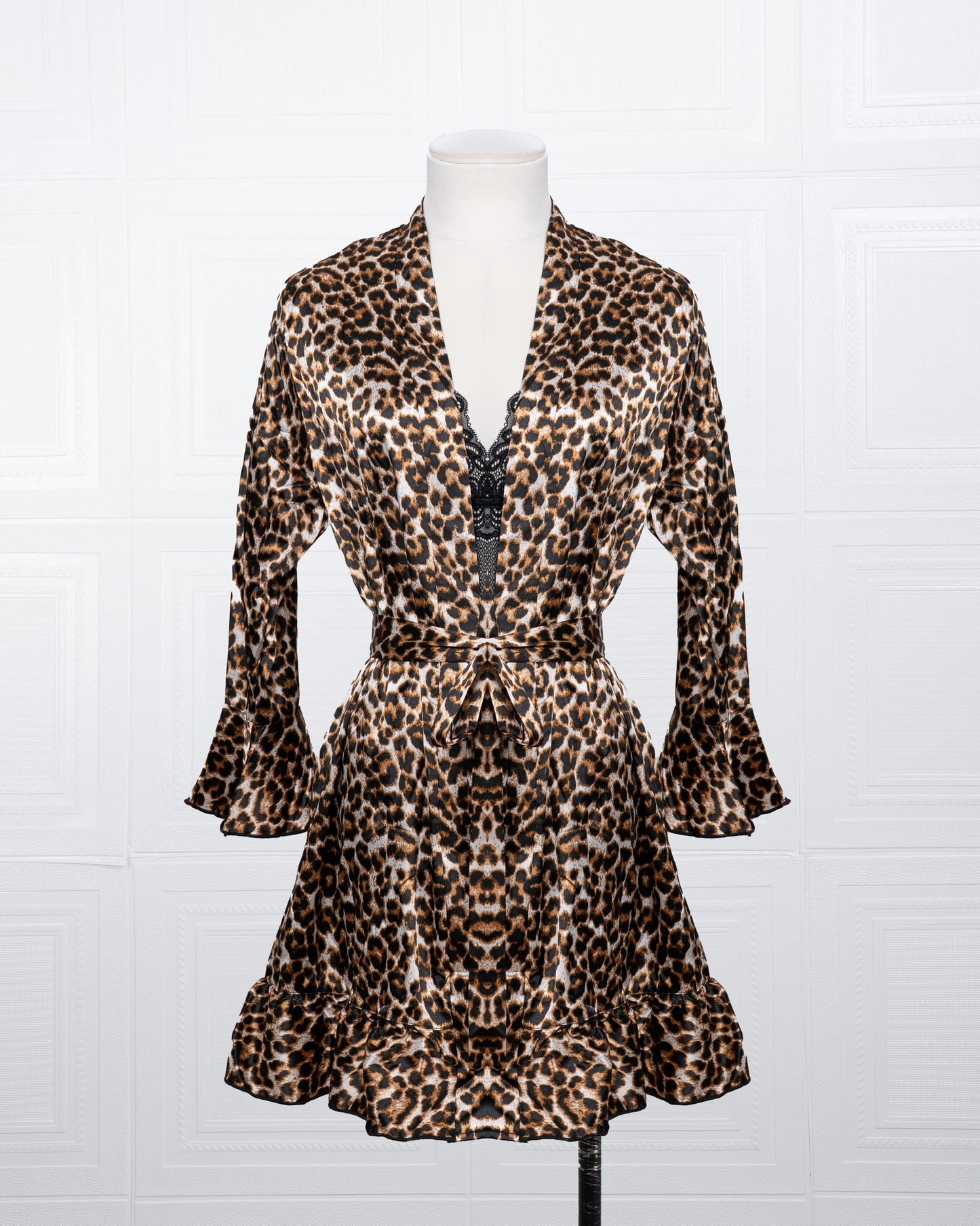 Three-piece Leopard Print Silk Bathrobe Set - Fever Lingeries