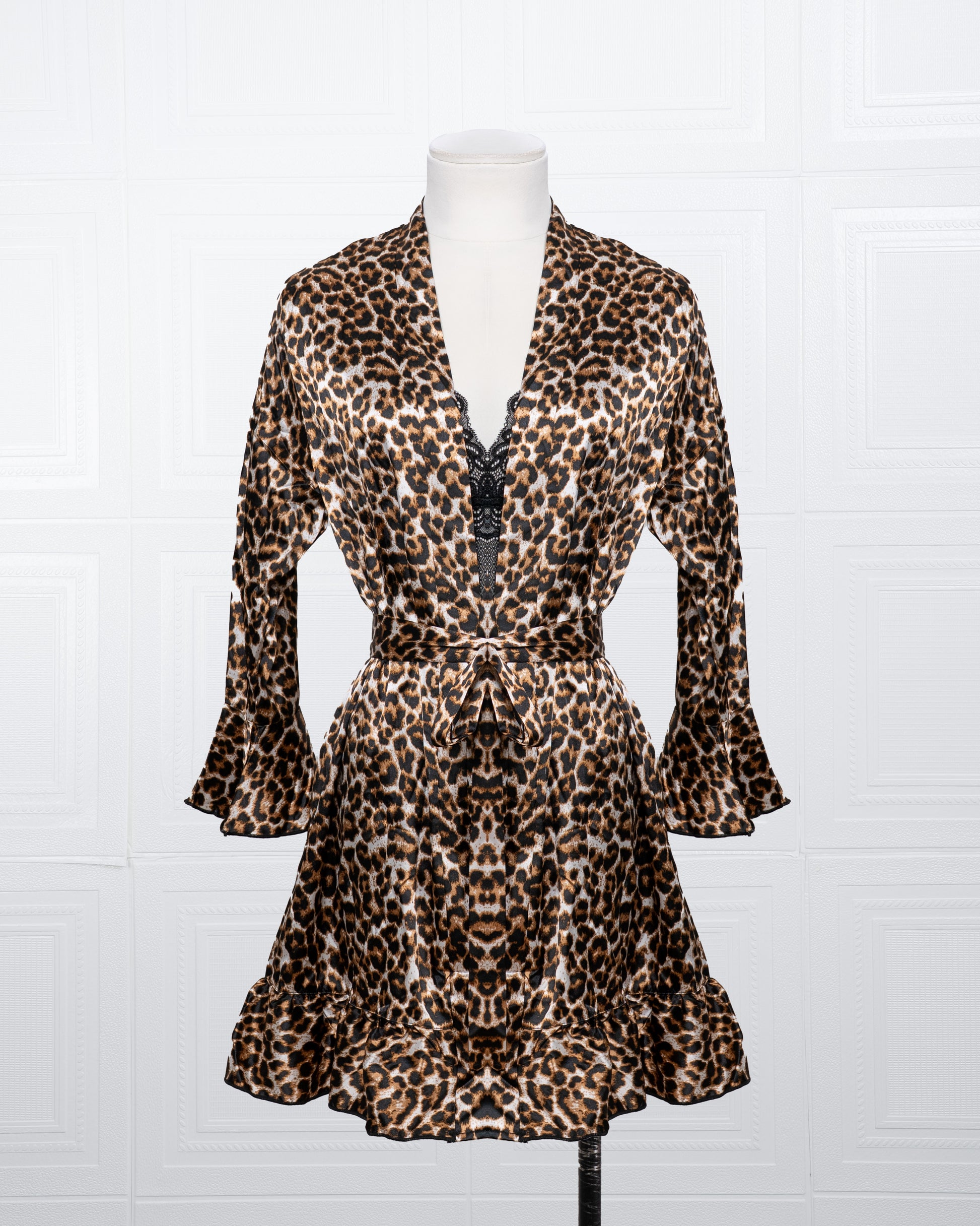 Three-piece Leopard Print Silk Bathrobe Set - Fever Lingeries