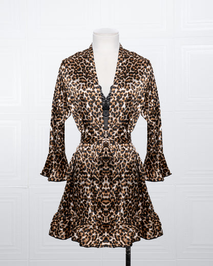 Three-piece Leopard Print Silk Bathrobe Set - Fever Lingeries