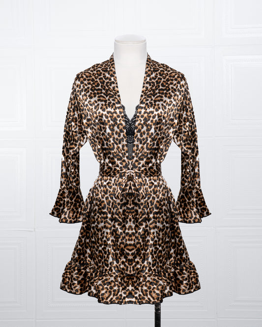 Three-piece Leopard Print Silk Bathrobe Set - Fever Lingeries