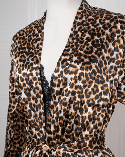 Three-piece Leopard Print Silk Bathrobe Set - Fever Lingeries