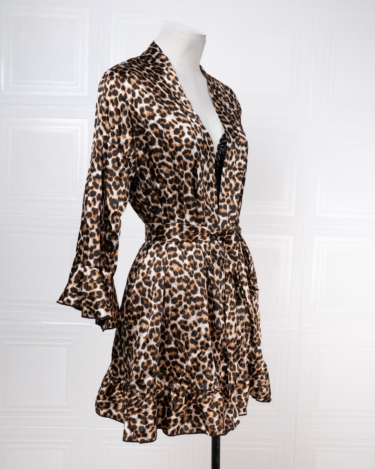 Three-piece Leopard Print Silk Bathrobe Set - Fever Lingeries