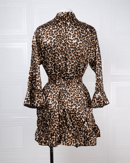 Three-piece Leopard Print Silk Bathrobe Set - Fever Lingeries