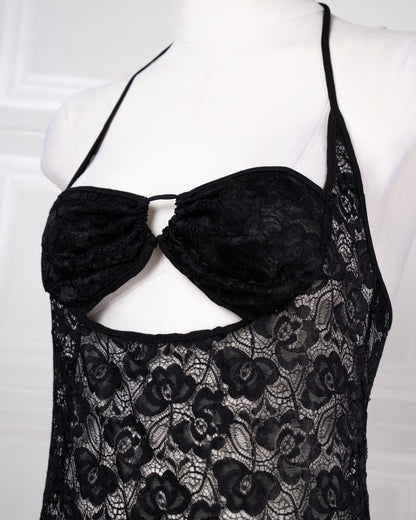 Full-lace Halterneck Dress Set: Long Maxi Dress and Robe - Fever Lingeries