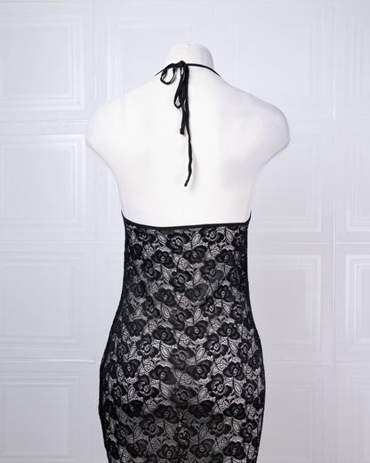 Full-lace Halterneck Dress Set: Long Maxi Dress and Robe - Fever Lingeries