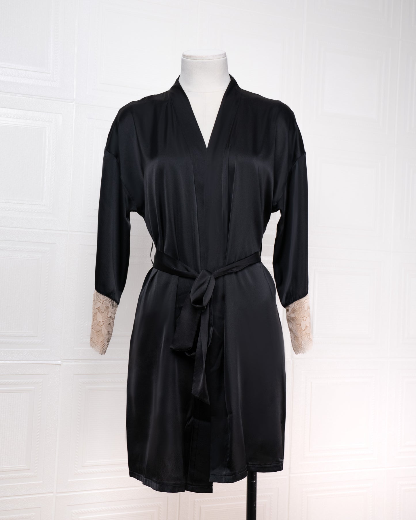 Silk Black Robe with Lace-trimmed Cuffs - Fever Lingeries
