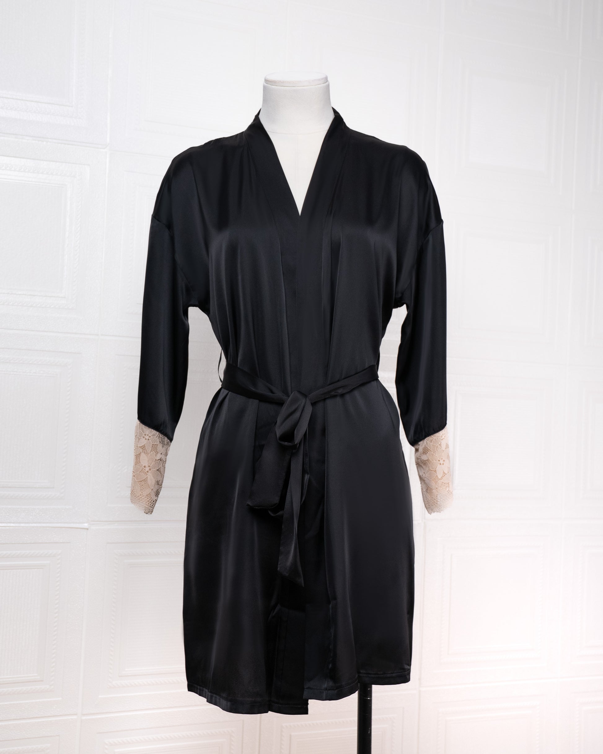 Silk Black Robe with Lace-trimmed Cuffs - Fever Lingeries