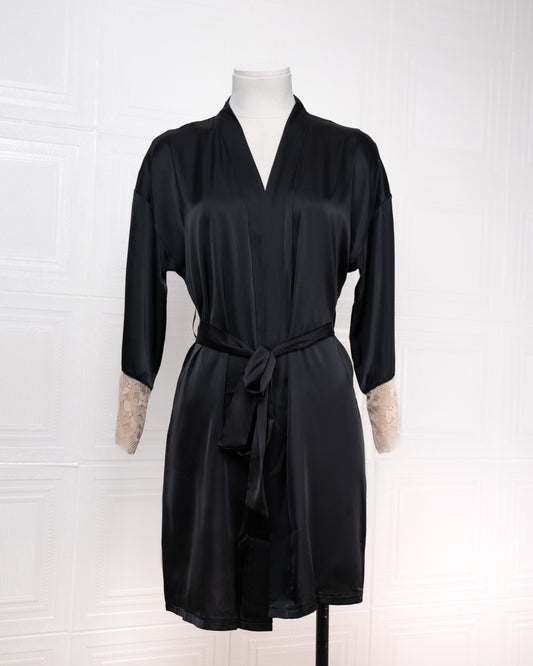 Silk Black Robe with Lace-trimmed Cuffs - Fever Lingeries