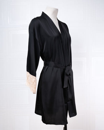 Silk Black Robe with Lace-trimmed Cuffs - Fever Lingeries