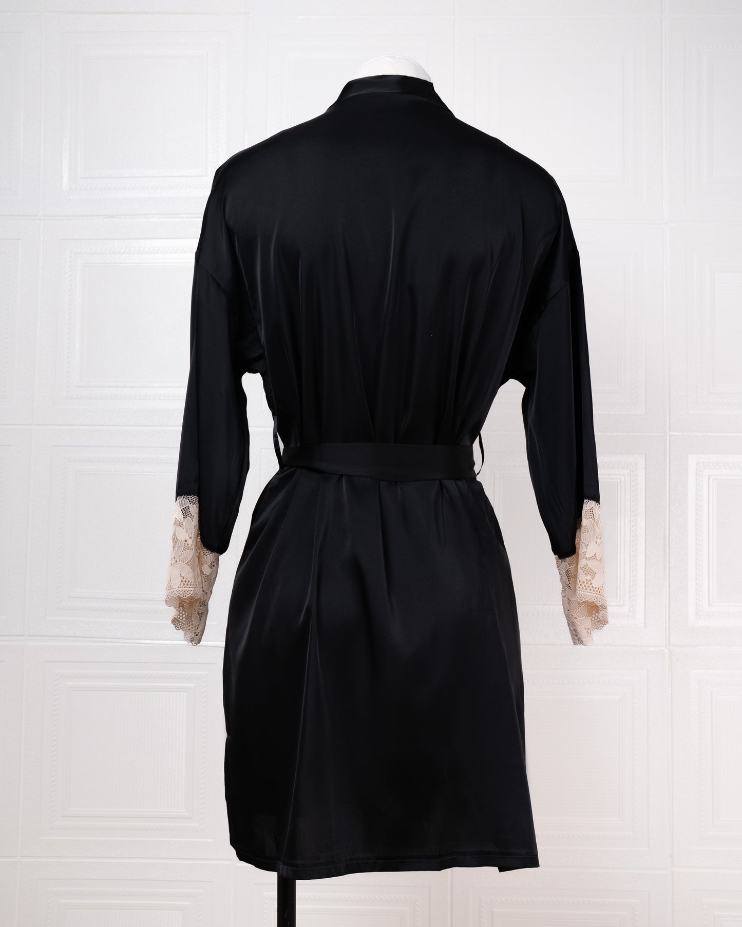 Silk Black Robe with Lace-trimmed Cuffs - Fever Lingeries