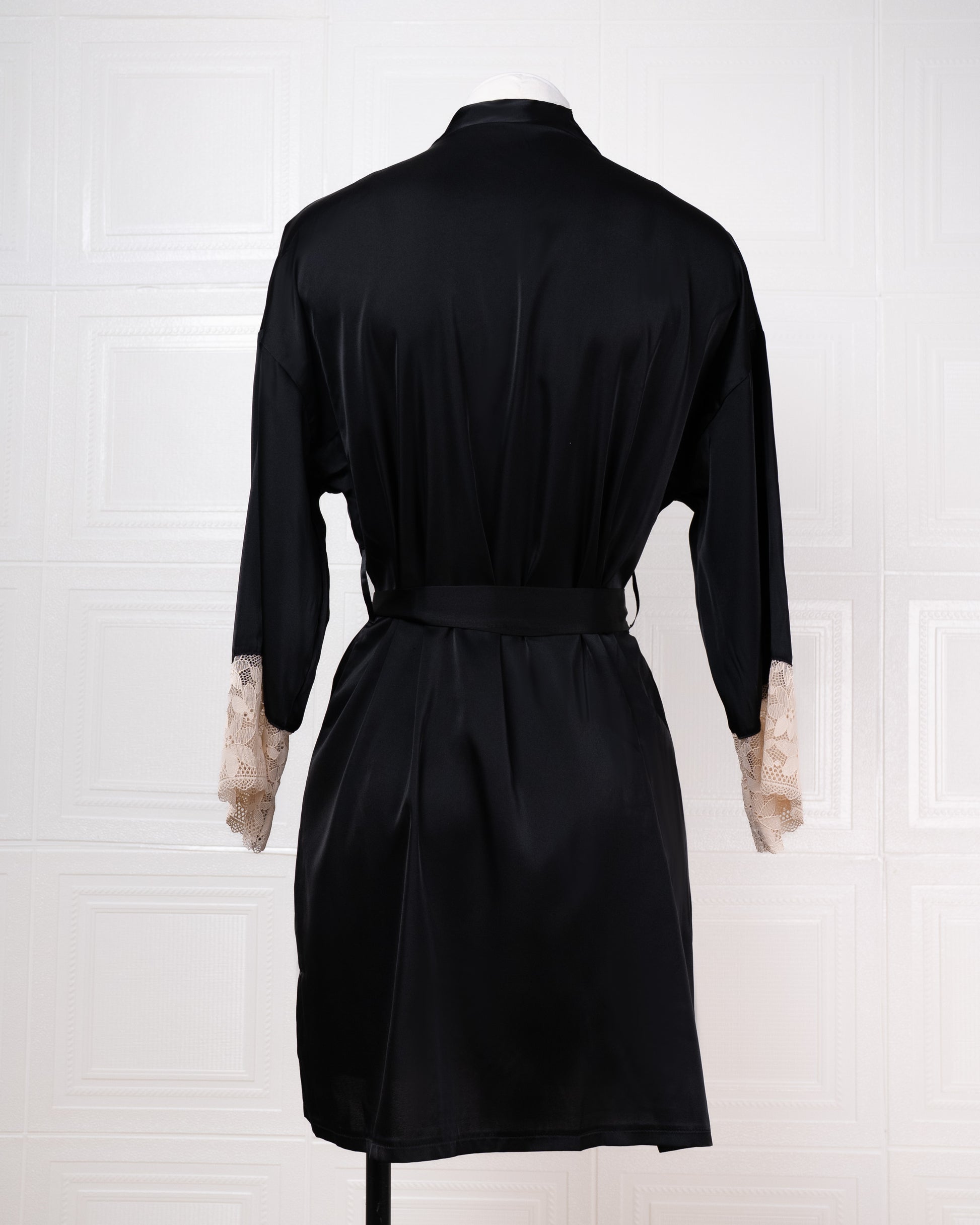 Silk Black Robe with Lace-trimmed Cuffs - Fever Lingeries