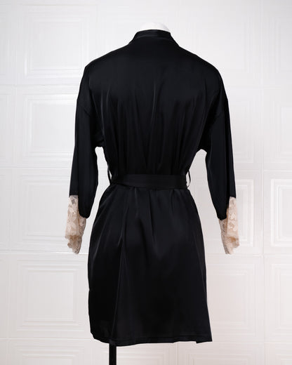 Silk Black Robe with Lace-trimmed Cuffs - Fever Lingeries