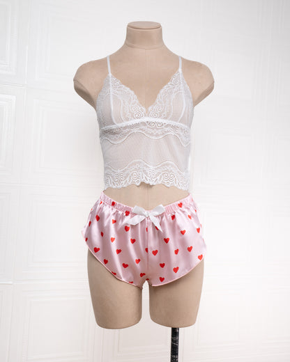 Three-piece Pink Heart-patterned Silk Bathrobe Set - Fever Lingeries