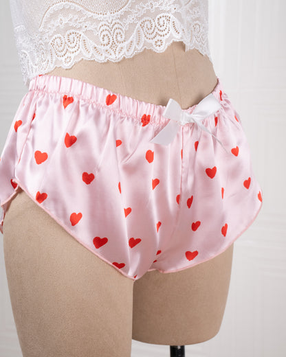 Three-piece Pink Heart-patterned Silk Bathrobe Set - Fever Lingeries