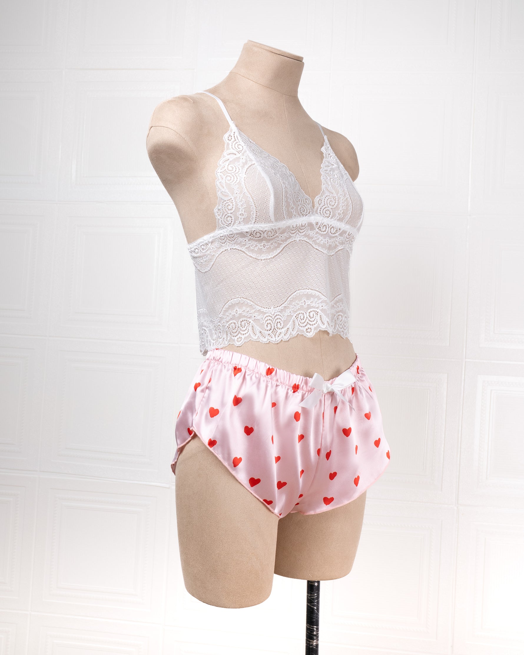 Three-piece Pink Heart-patterned Silk Bathrobe Set - Fever Lingeries