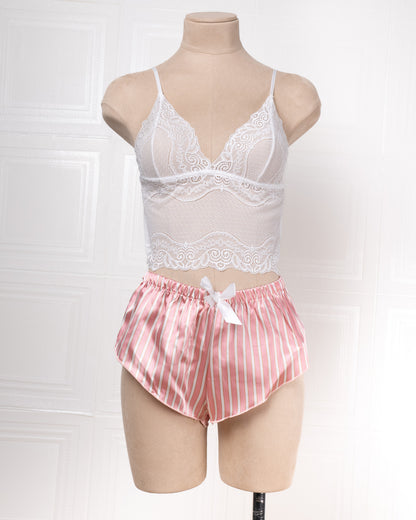 Three-piece Pink Striped Silk Bathrobe Set - Fever Lingeries