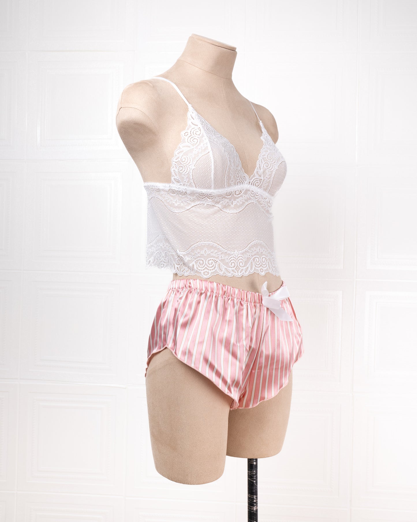 Three-piece Pink Striped Silk Bathrobe Set - Fever Lingeries