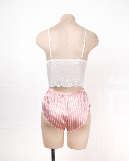 Three-piece Pink Striped Silk Bathrobe Set - Fever Lingeries