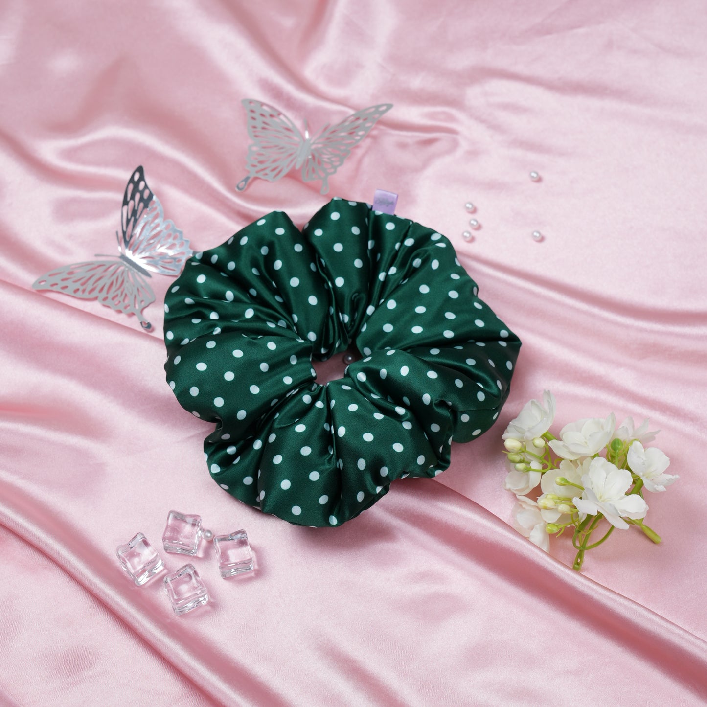 Silk Scrunchie Emerald & Pearl Dots