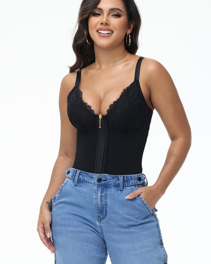 Deep V Lace Corset Top Trimmed Waist Trainer with Front Zipper