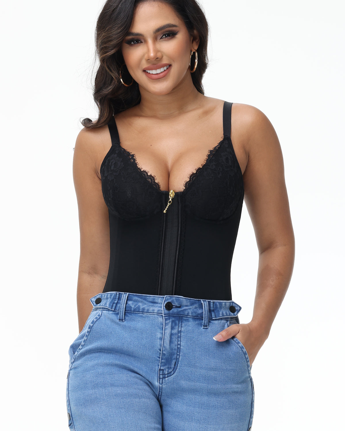 Deep V Lace Corset Top Trimmed Waist Trainer with Front Zipper
