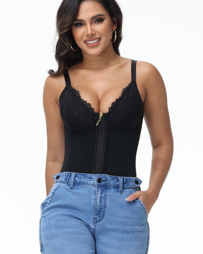 Deep V Lace Corset Top Trimmed Waist Trainer with Front Zipper