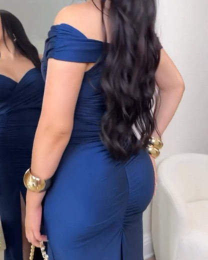 Elegant Off Shoulder V Neck Ruched Maxi Dress Prom Gowns with Side Slit