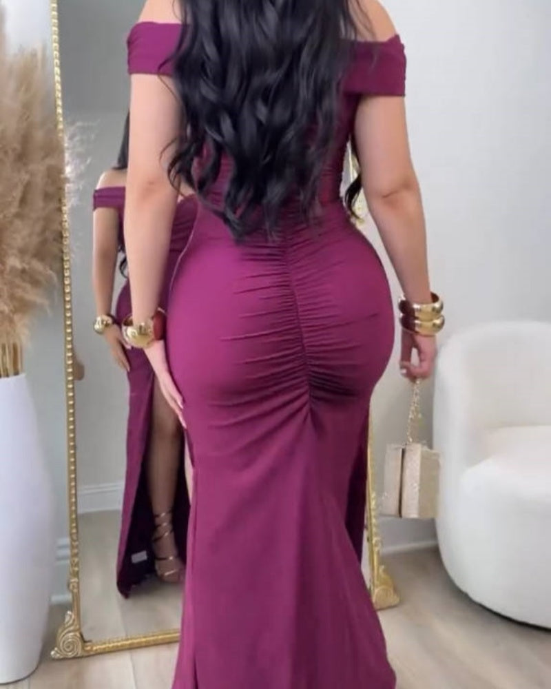 Elegant Off Shoulder V Neck Ruched Maxi Dress Prom Gowns with Side Slit