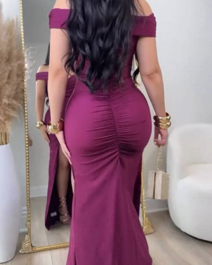 Elegant Off Shoulder V Neck Ruched Maxi Dress Prom Gowns with Side Slit