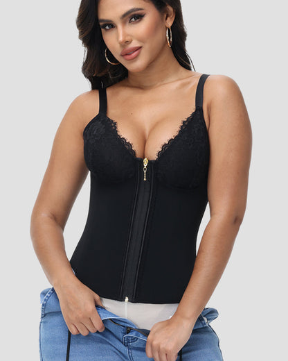 Deep V Lace Corset Top Trimmed Waist Trainer with Front Zipper