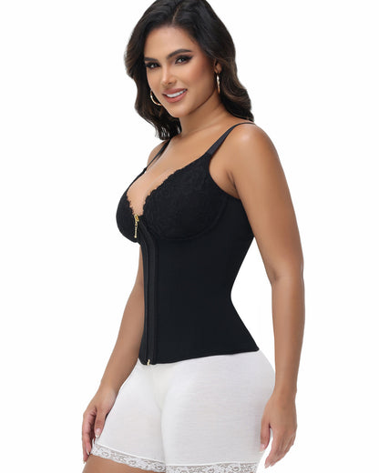 Deep V Lace Corset Top Trimmed Waist Trainer with Front Zipper