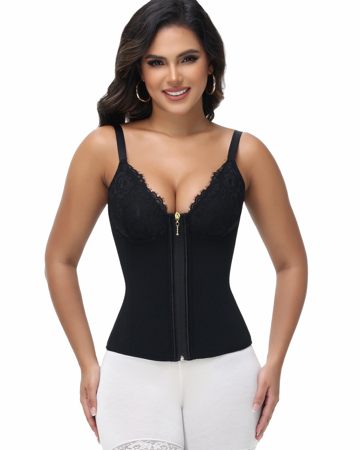 Deep V Lace Corset Top Trimmed Waist Trainer with Front Zipper