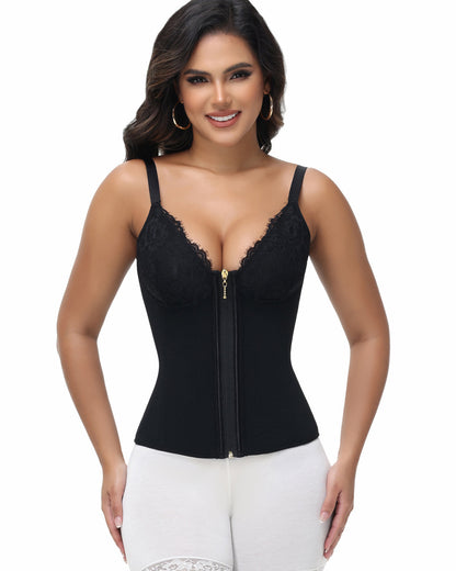 Deep V Lace Corset Top Trimmed Waist Trainer with Front Zipper