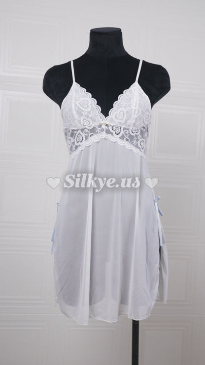 Sheer Slit Pearl-embellished Lace Slip Dress White