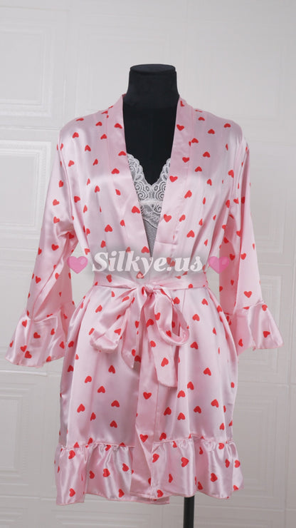 Three-piece Pink Heart-patterned Silk Bathrobe Set
