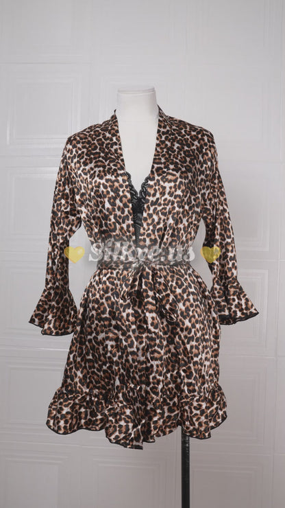 Three-piece Leopard Print Silk Bathrobe Set