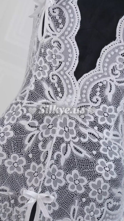 Deep V Back Hollow Open Crotch Lace Bodysuit White