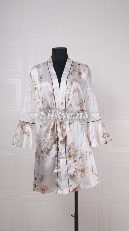 Silk Long-sleeve Bathrobe with Lily Pattern and Lace Details