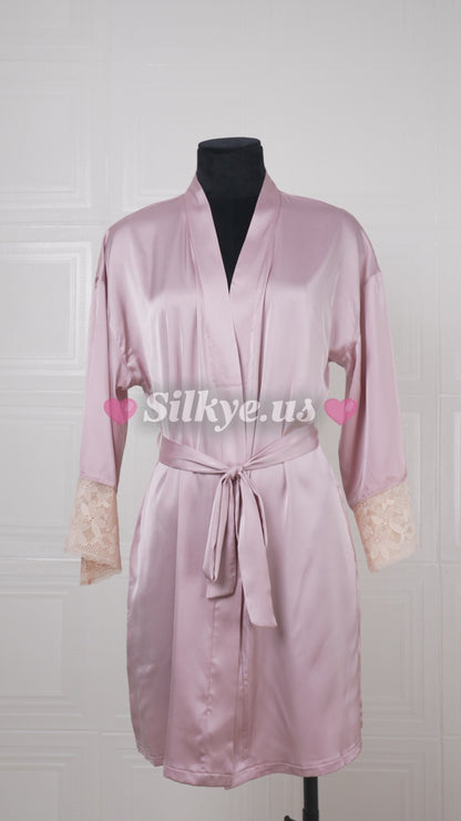 Silk Pink Robe with Lace-trimmed Cuffs